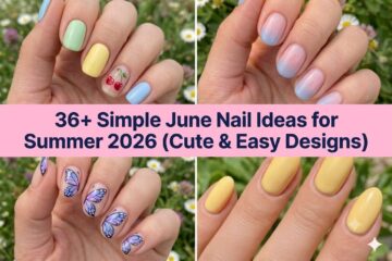 Collage of simple June nail ideas for summer 2026 with cute pastel designs