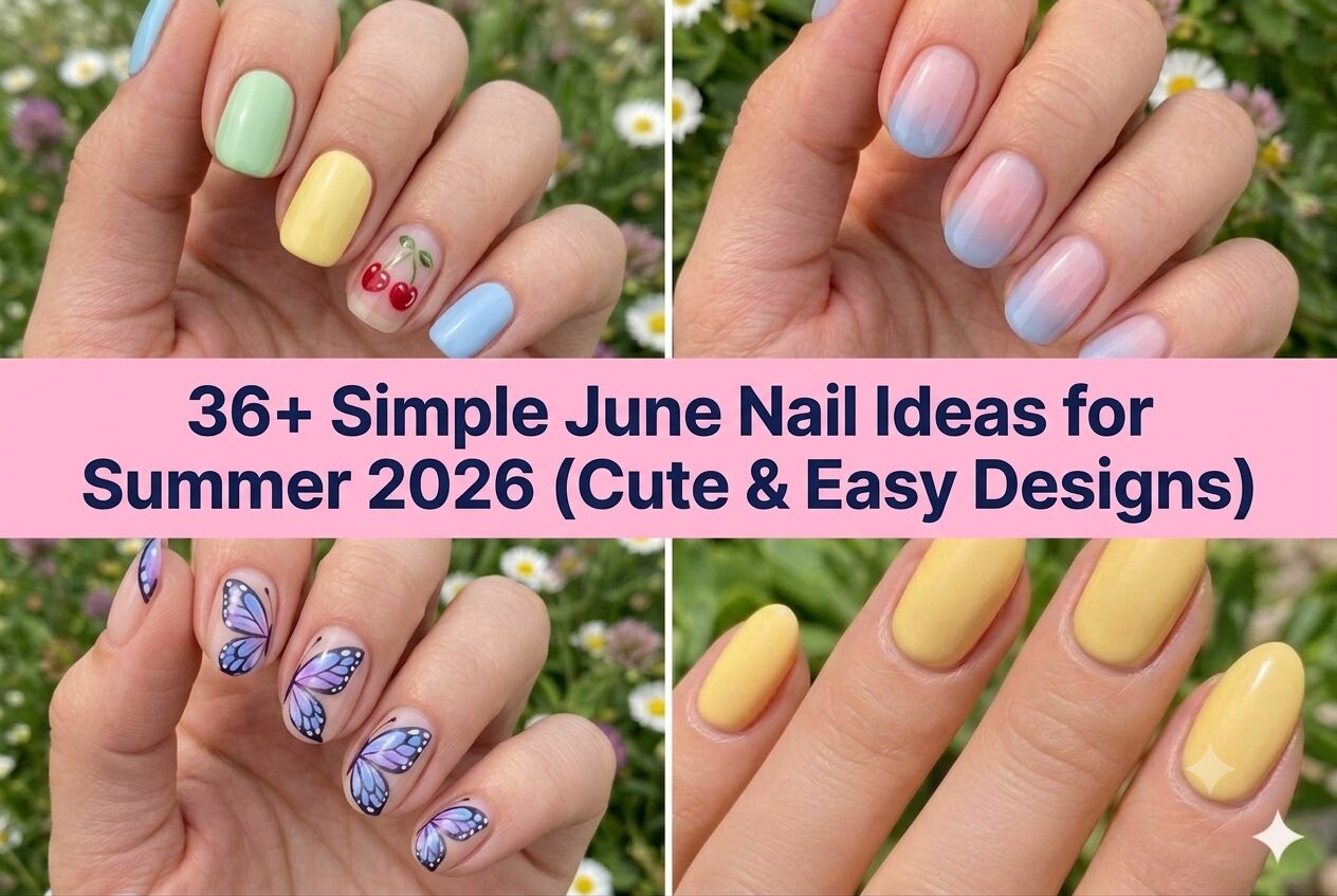 Collage of simple June nail ideas for summer 2026 with cute pastel designs