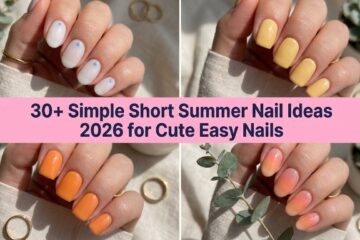 Collage of simple short summer nail ideas for 2026 with glossy pastel designs