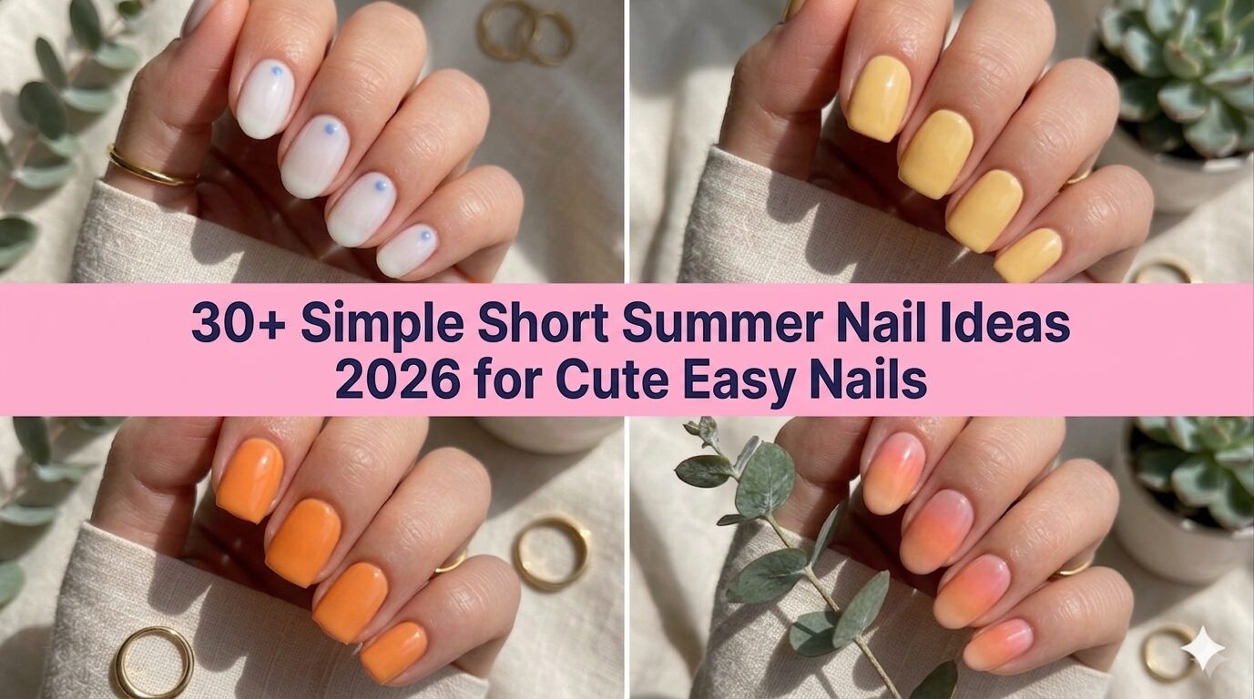Collage of simple short summer nail ideas for 2026 with glossy pastel designs