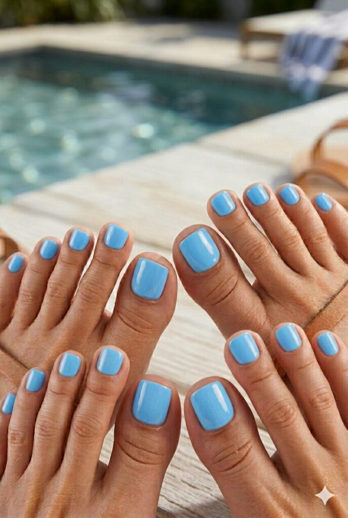 Glossy sky blue summer toe nail ideas with a fresh airy finish