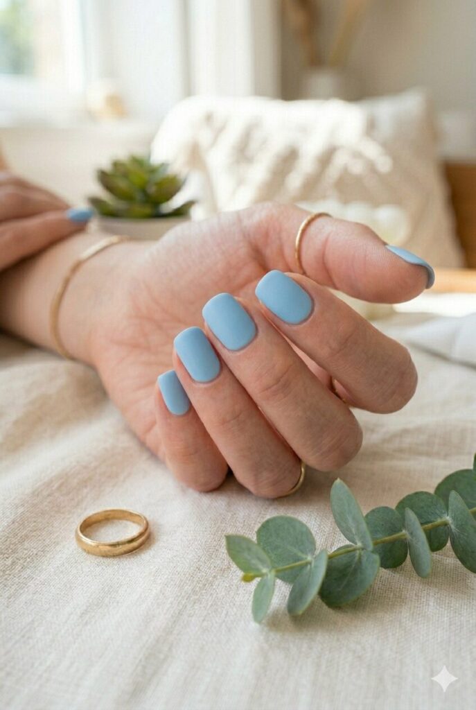 Short squoval nails with smooth sky blue polish for summer