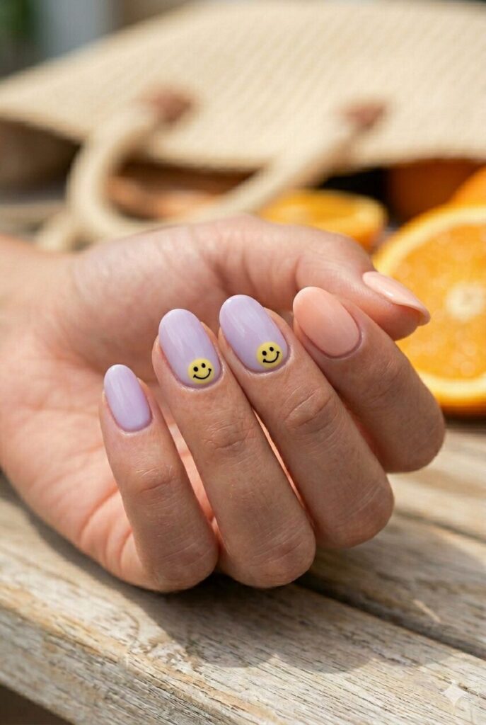Pastel nails with tiny smiley face accents