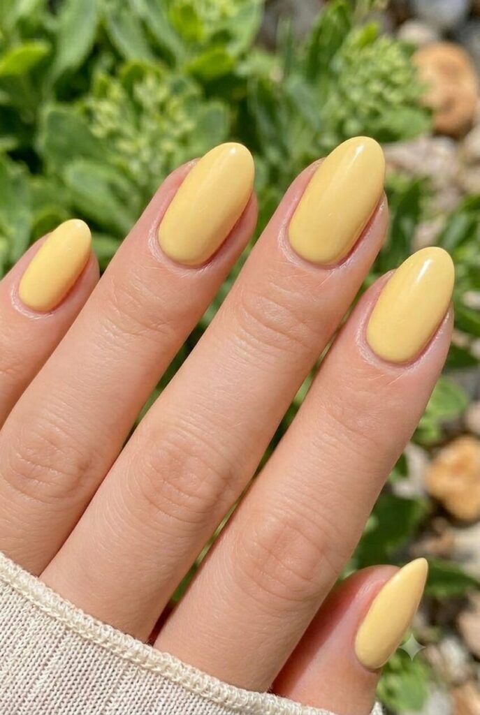 Short almond nails with soft buttercup yellow glossy polish