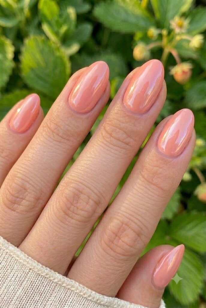 Medium almond nails with creamy coral glazed glossy finish