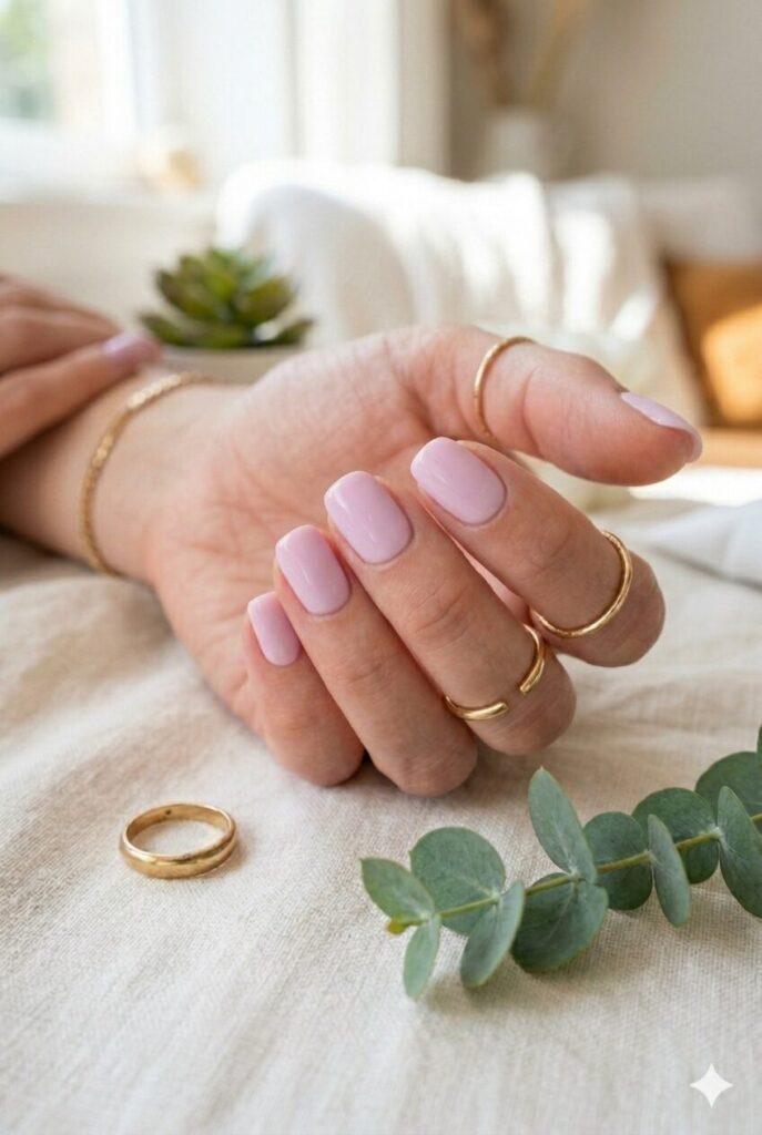 Short almond nails with soft lavender glossy polish