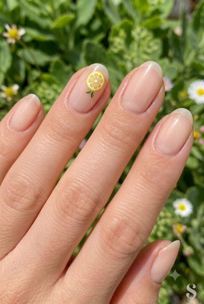 Short round nails with one tiny lemon slice accent