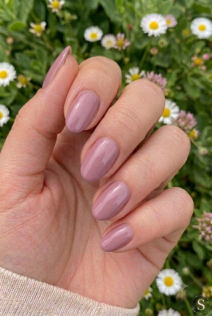Short oval nails with creamy mauve glossy polish