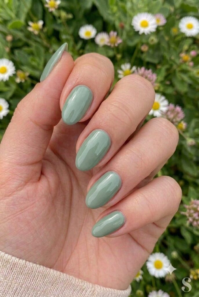 Short almond nails with muted sage green glossy polish