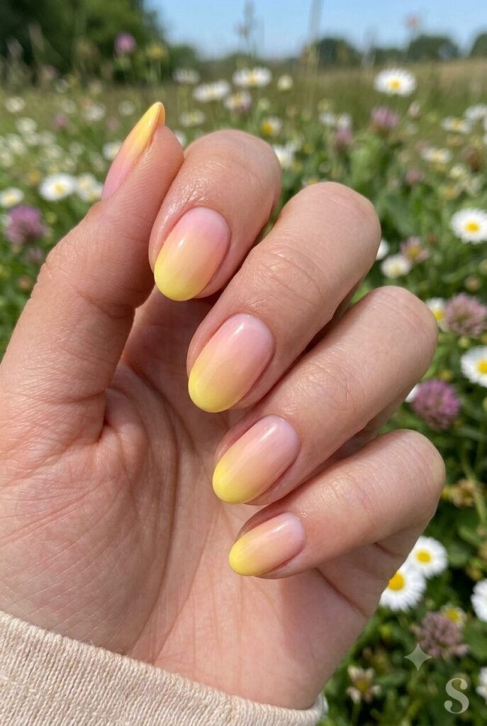 Short oval nails with pink peach and yellow sherbet ombre