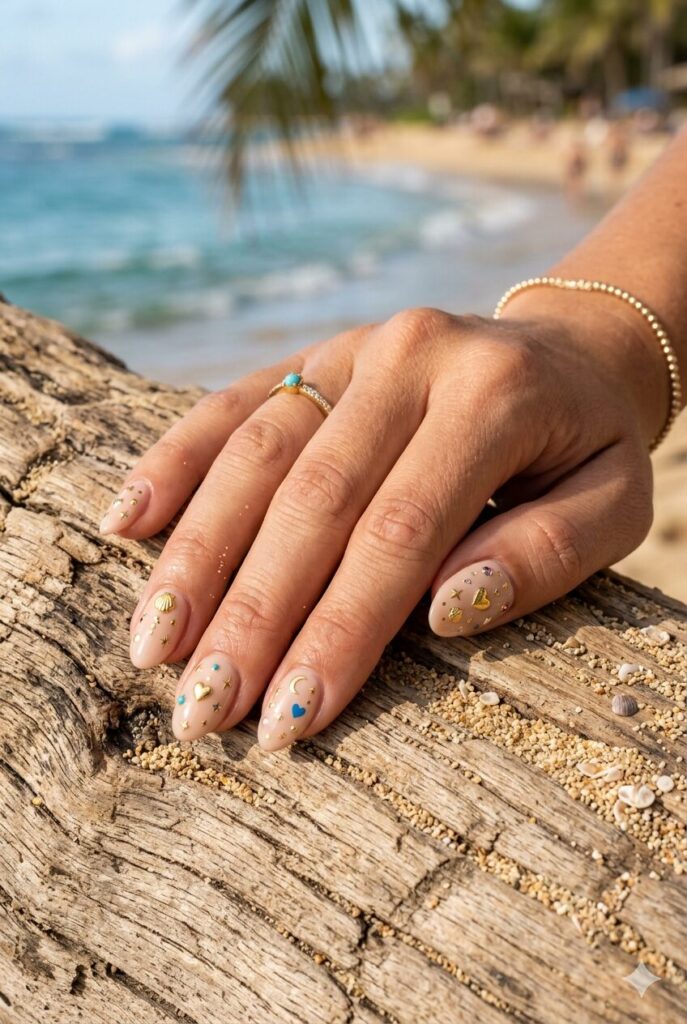Nude nails with tiny charm art including stars shells and hearts