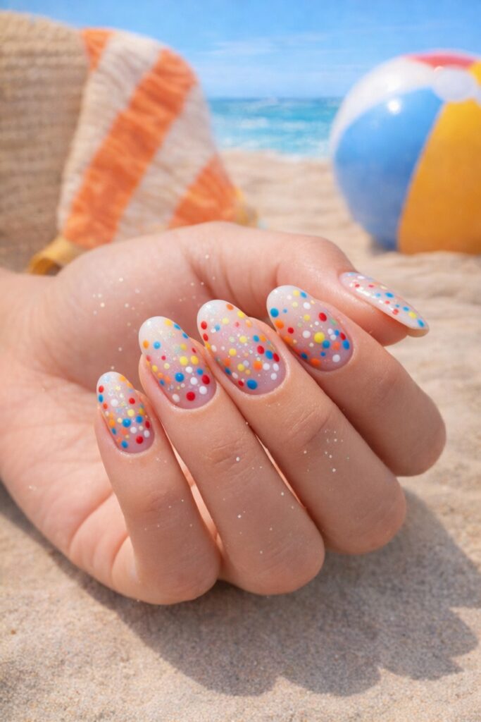 Nails with tiny colorful dots fading from the tips