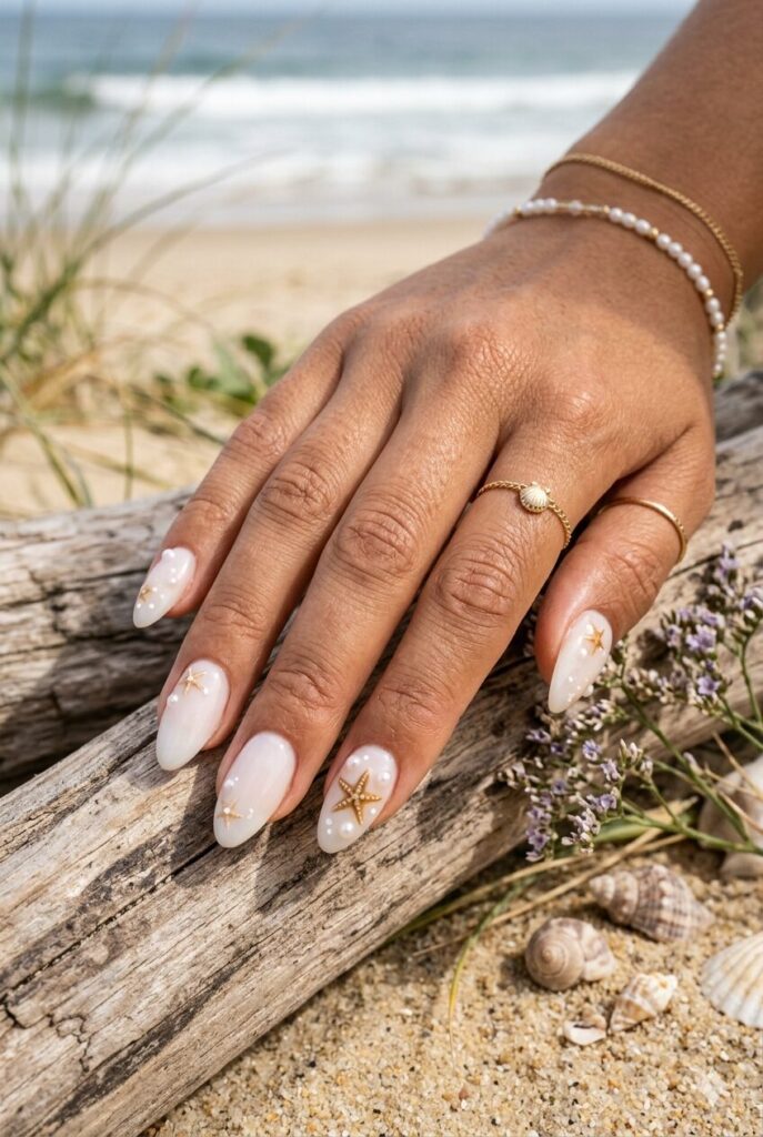 Sheer milky nails with starfish art and pearl accents