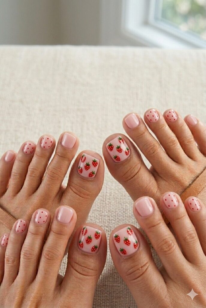 Blush pink toe nails with tiny strawberry art dots