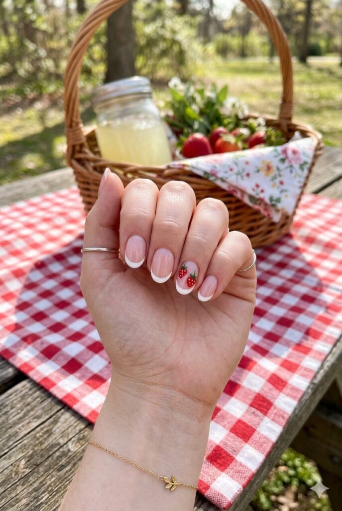 Soft pink French tip nails with tiny strawberry art