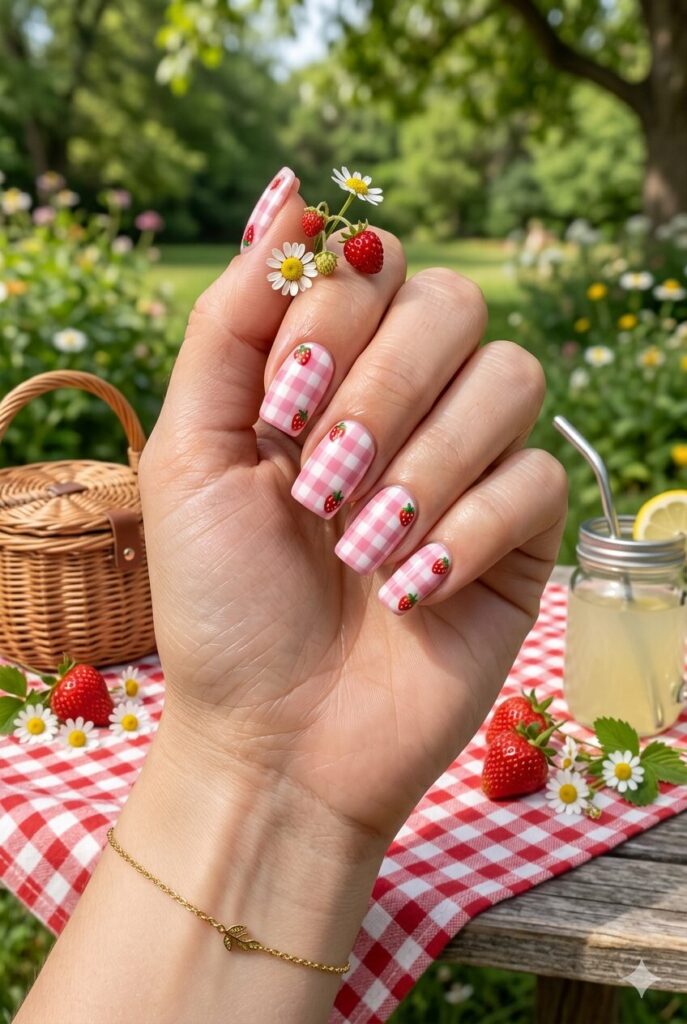 Pink gingham nails with tiny strawberry accents