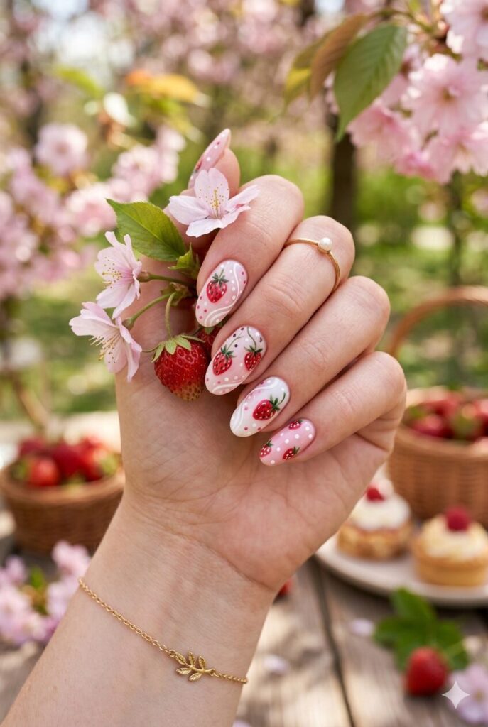 Creamy pink nails with strawberry and swirl details