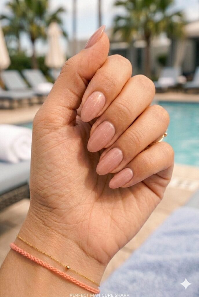 Medium almond nails with rosy nude polish and golden shimmer