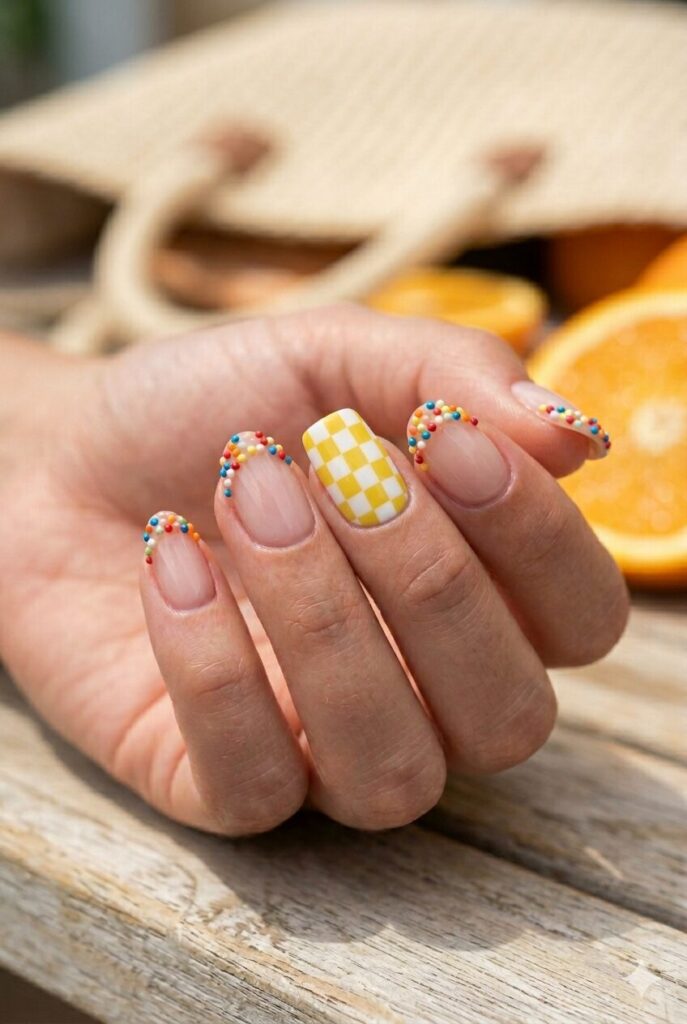 Yellow and white checker accent fun summernail ideas