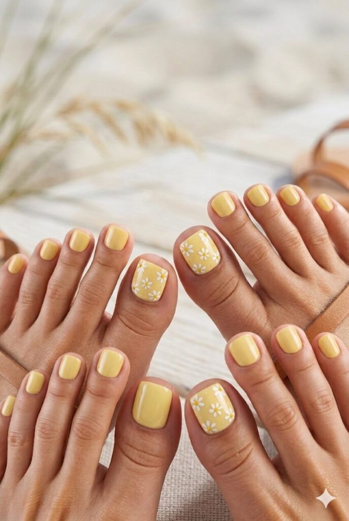 Yellow toe nails with white daisy details on the big toes