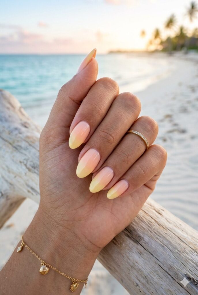 Peach and yellow blended nails inspired by a beach sunrise