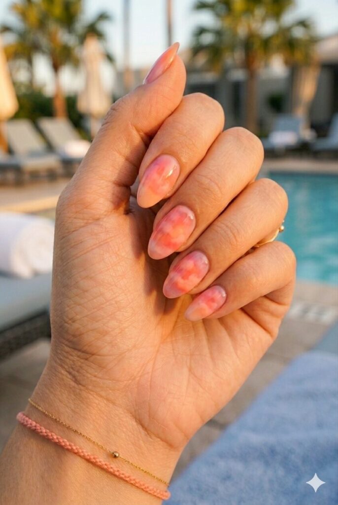 Almond nails with peach coral and pink airbrushed sunset blend