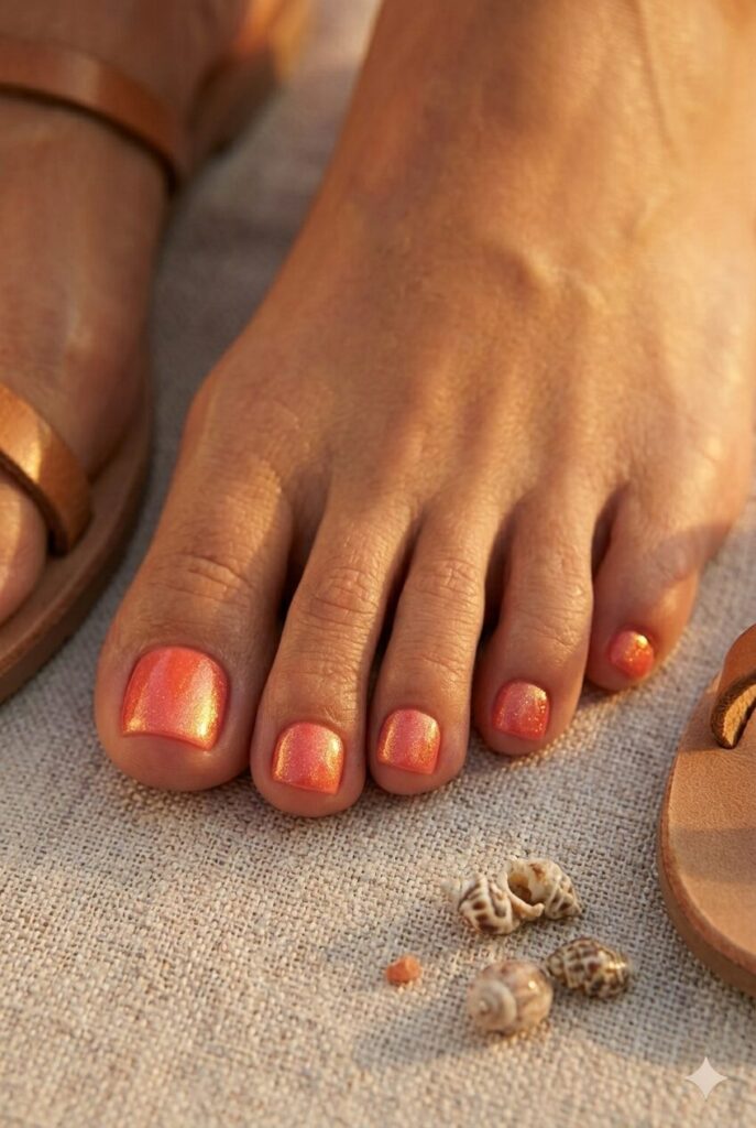 Coral shimmer toe nails with a glowing sunset finish