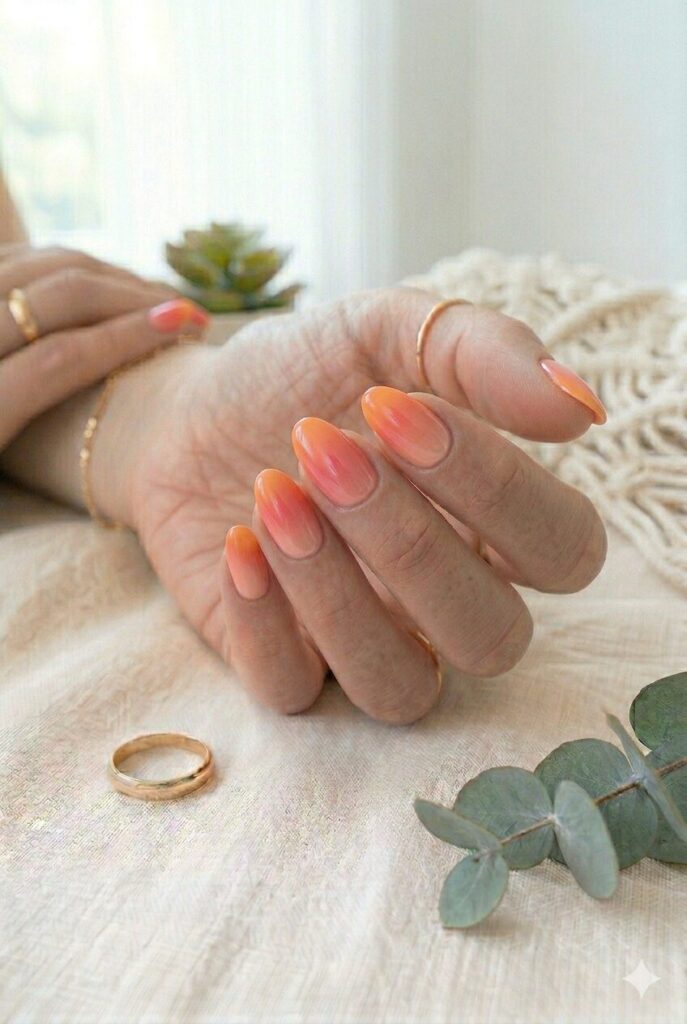 Short oval nails with peach pink and orange sunset ombre