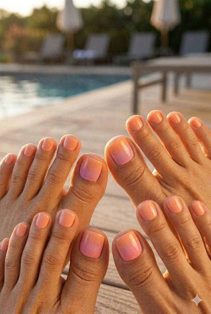 Sunset ombre toe nails in orange pink and peach tones