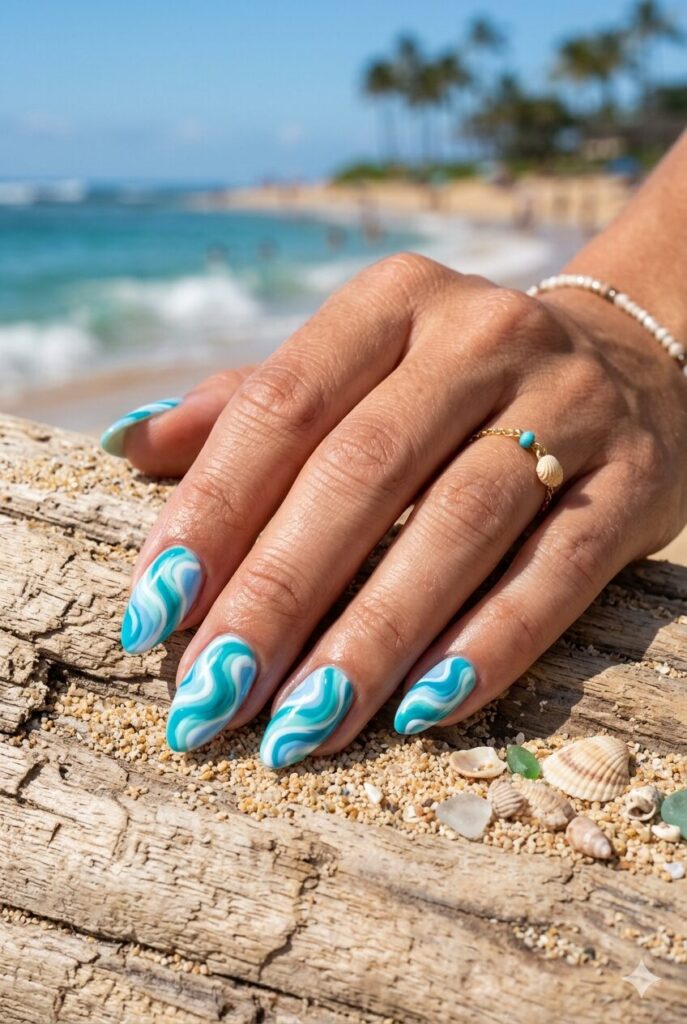 Turquoise white and blue swirl nails with a surf vibe