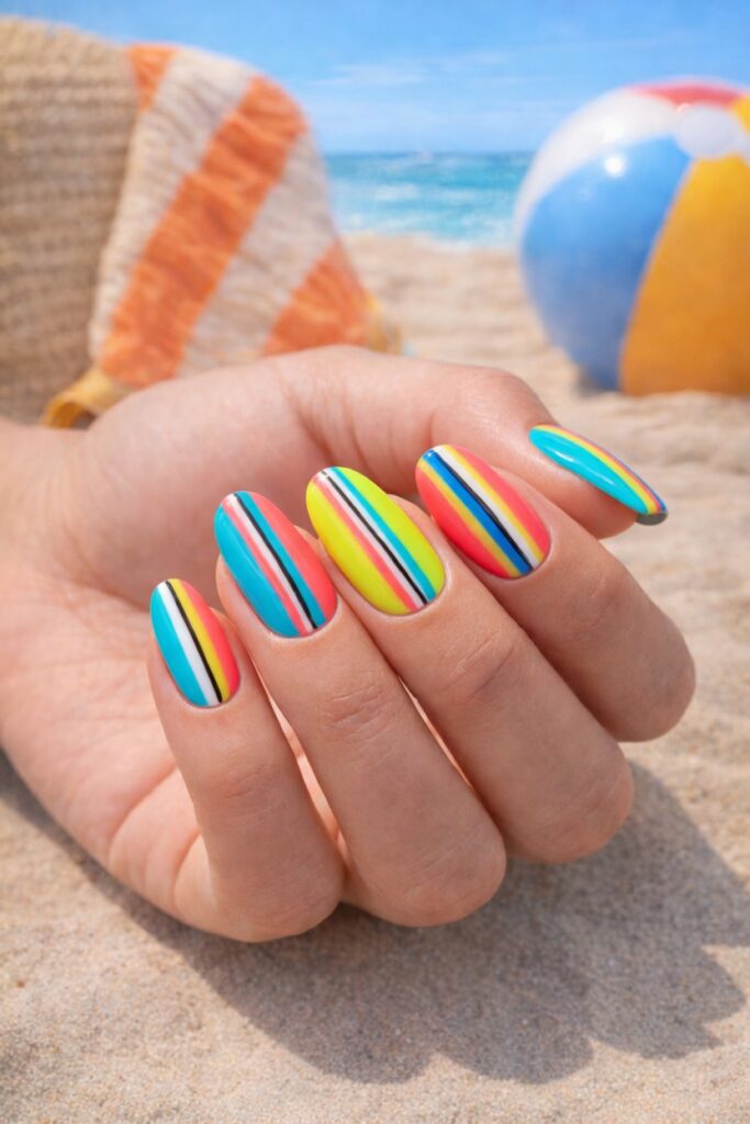 Almond nails with long bright surfboard stripe art