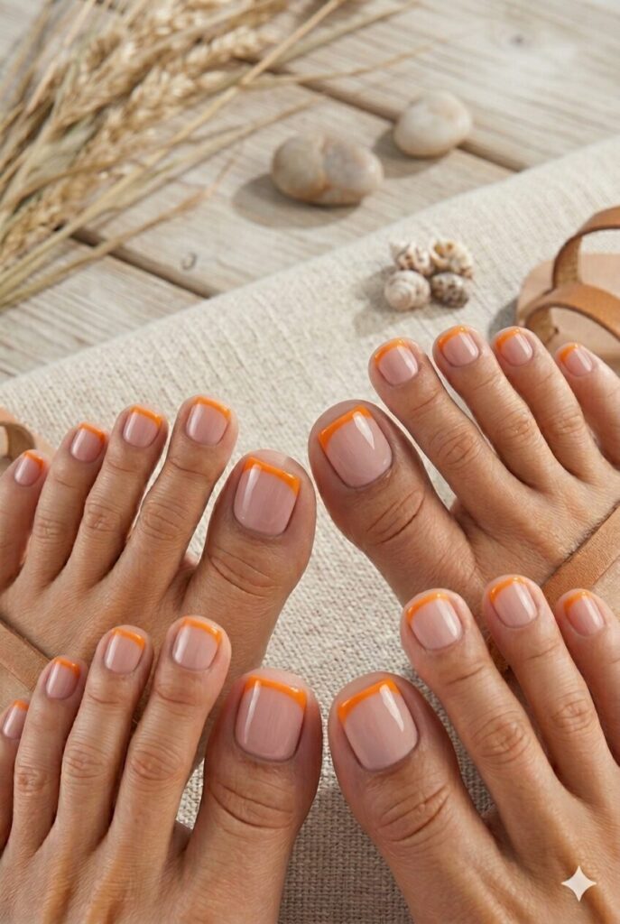 Nude toe nails with bright tangerine French tips