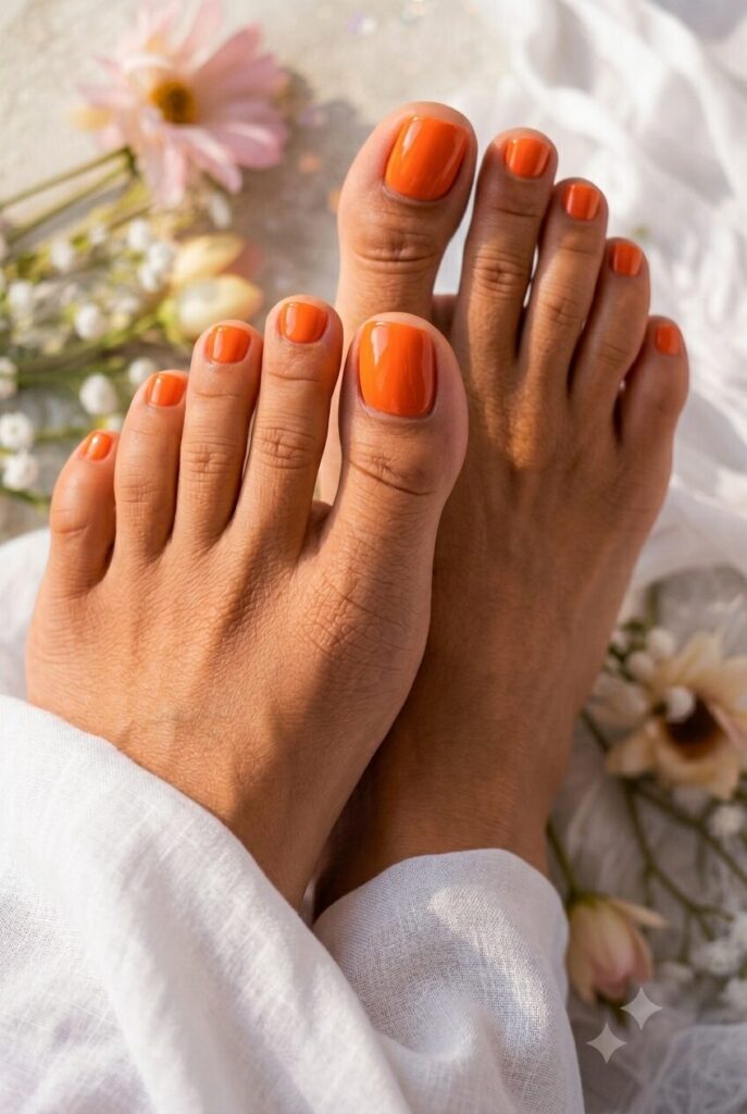 Bright tangerine orange toenails with glossy summer finish