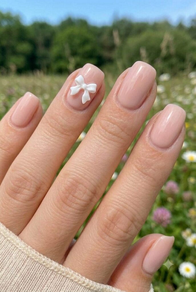 Short oval nails with soft pink base and tiny white bow accent