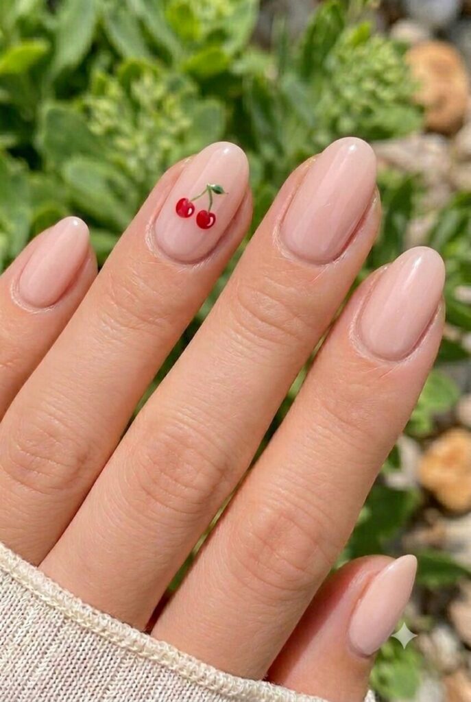 Short squoval nails with blush base and tiny cherry accent