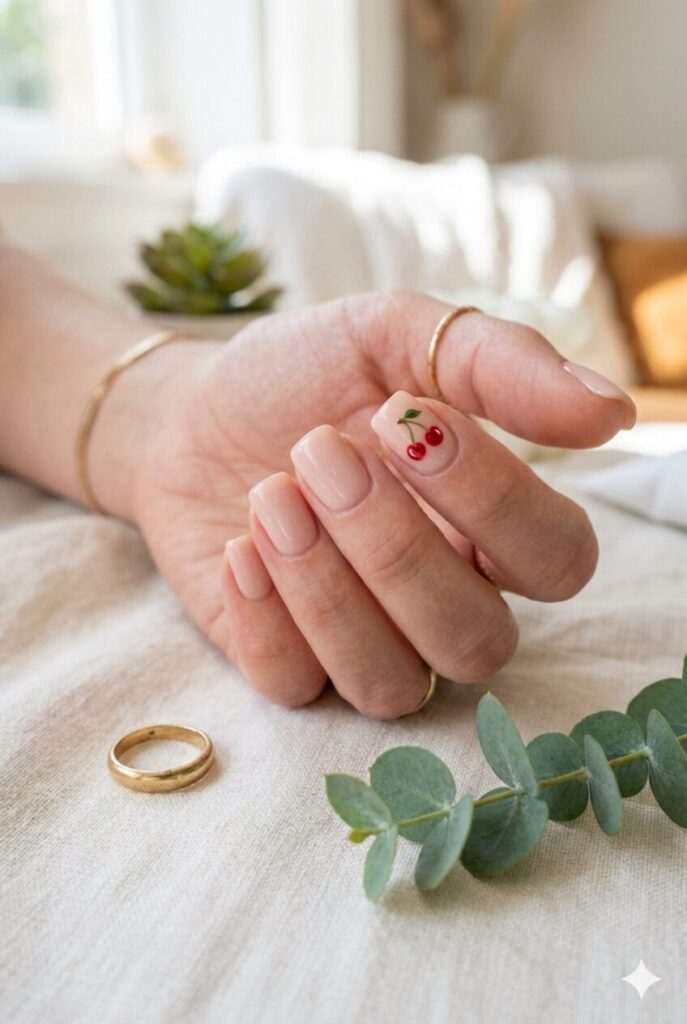 Blush short nails with one tiny red cherry accent nail