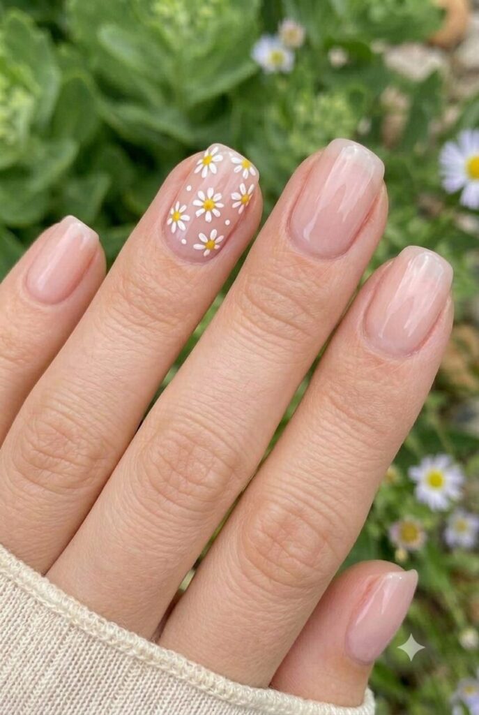 Short round nails with nude base and tiny daisy accent art