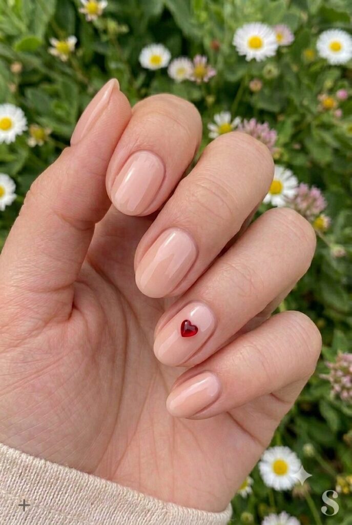 Short round nails with soft pink base and tiny heart accent