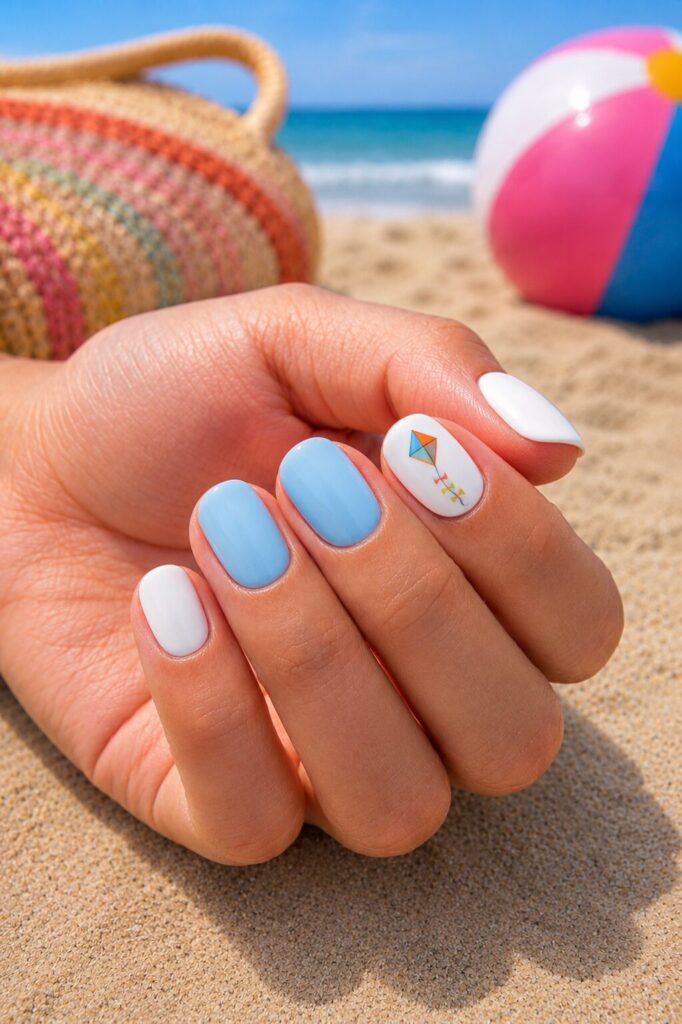 Sky blue nails with one tiny kite accent nail