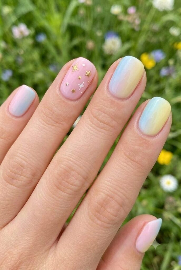 Short round nails with pastel base and tiny star accent