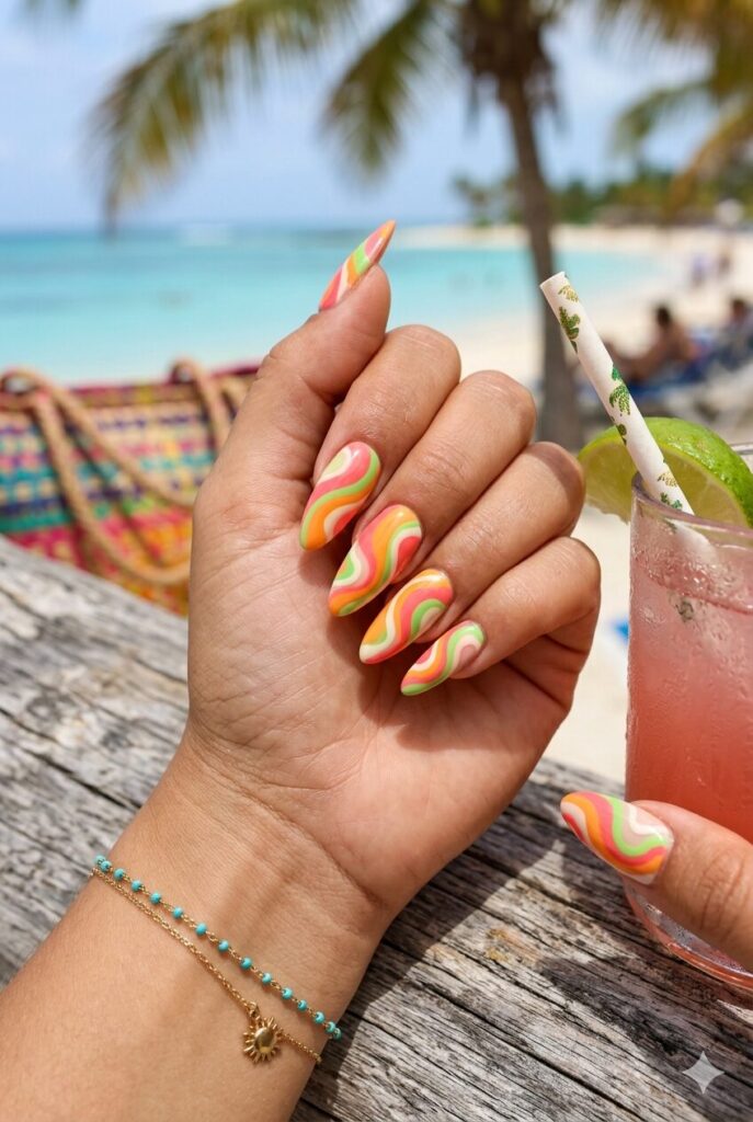Pink orange and lime swirl nails with a tropical look