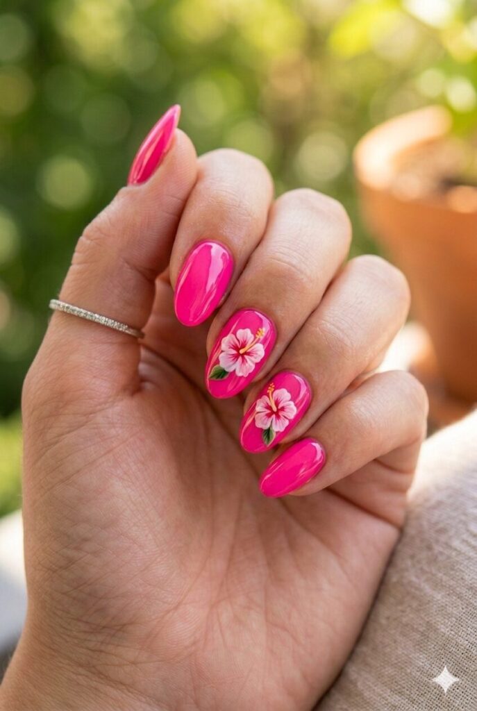 Long almond nails with pink base and hibiscus flower accents