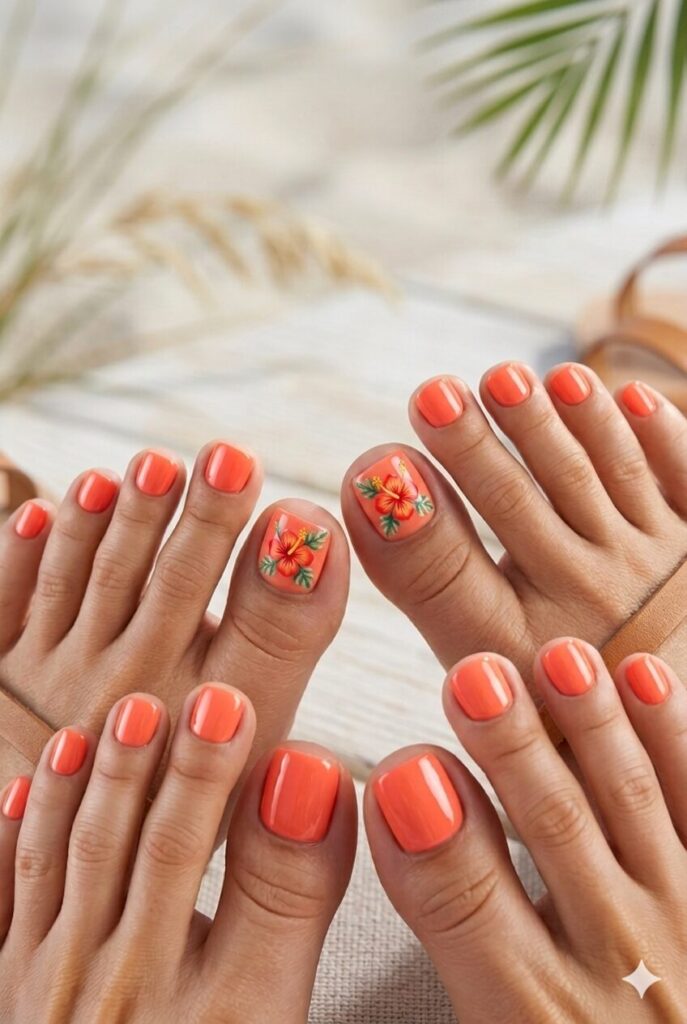 Pink toe nails with hibiscus flower art for summer