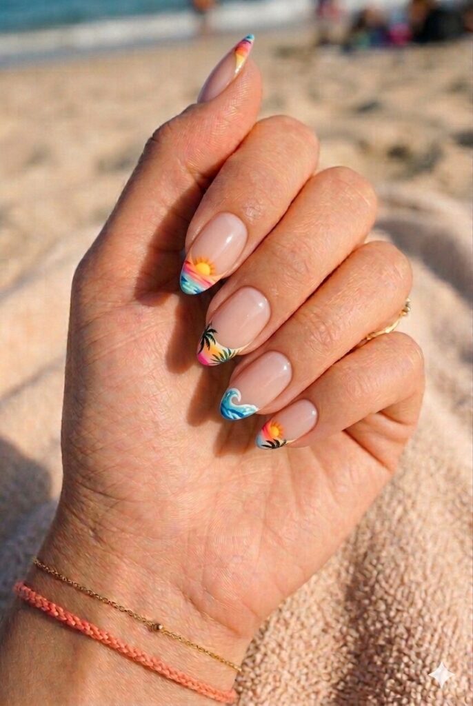Medium almond nails with tropical sunset and ocean art on French tips