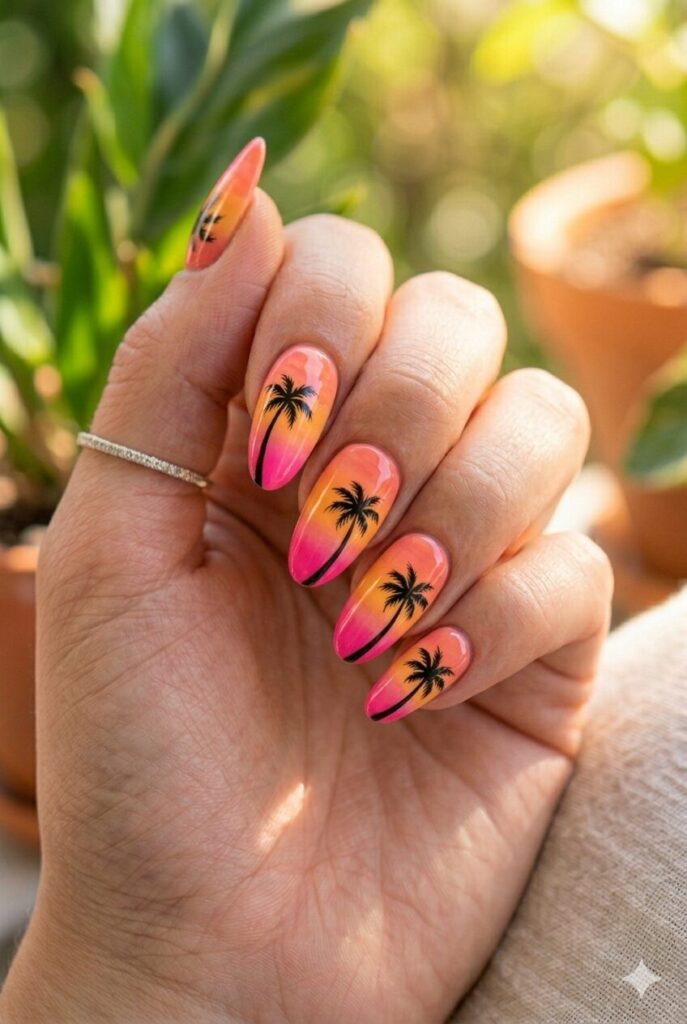 Long almond nails with hot pink base and sunset palm tree art