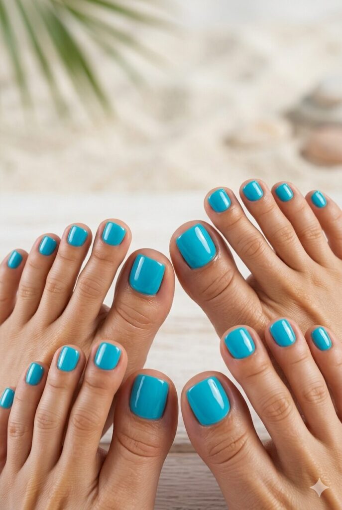 Shiny turquoise blue toe nails with an ocean-inspired pedicure