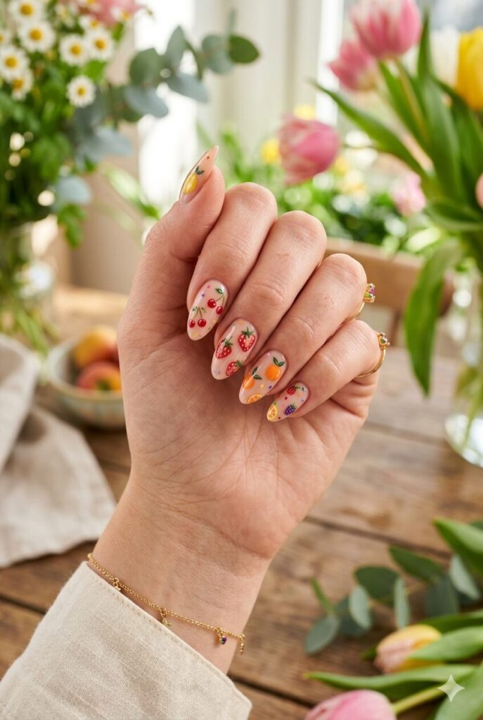 Pastel mixed fruit nails with lemon cherry and strawberry art