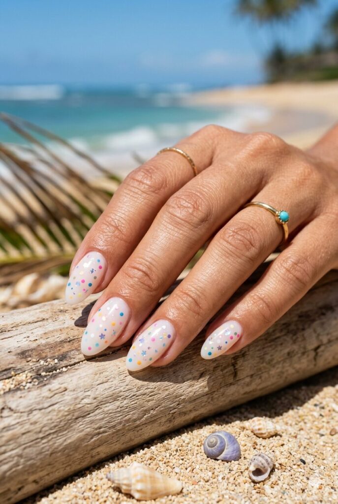 Clear milky nails with colorful dots and shimmer confetti