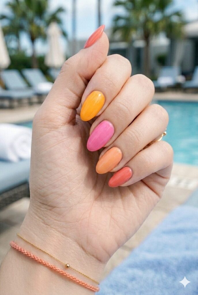 Long almond nails in orange pink peach and red skittle shades