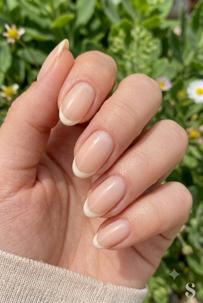 Short almond nails with nude base and vanilla cream French tips